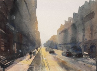 Paris Rue Maubeuge Sunrise - Watercolour on paper © Jonathan Bray 2015