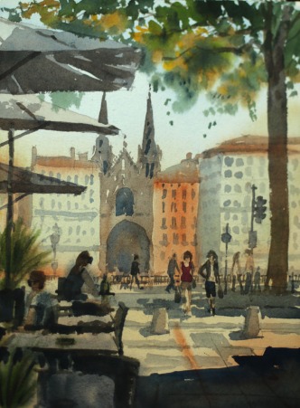 Place du Change towards Saint Nizier Lyons - Watercolour on paper © Jonathan Bray 2015