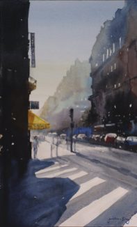 Watercolour painting on paper by Jonathan Bray of Rue de Maubeuge Paris https://jonathanbrayart.com/gallery-paris/
